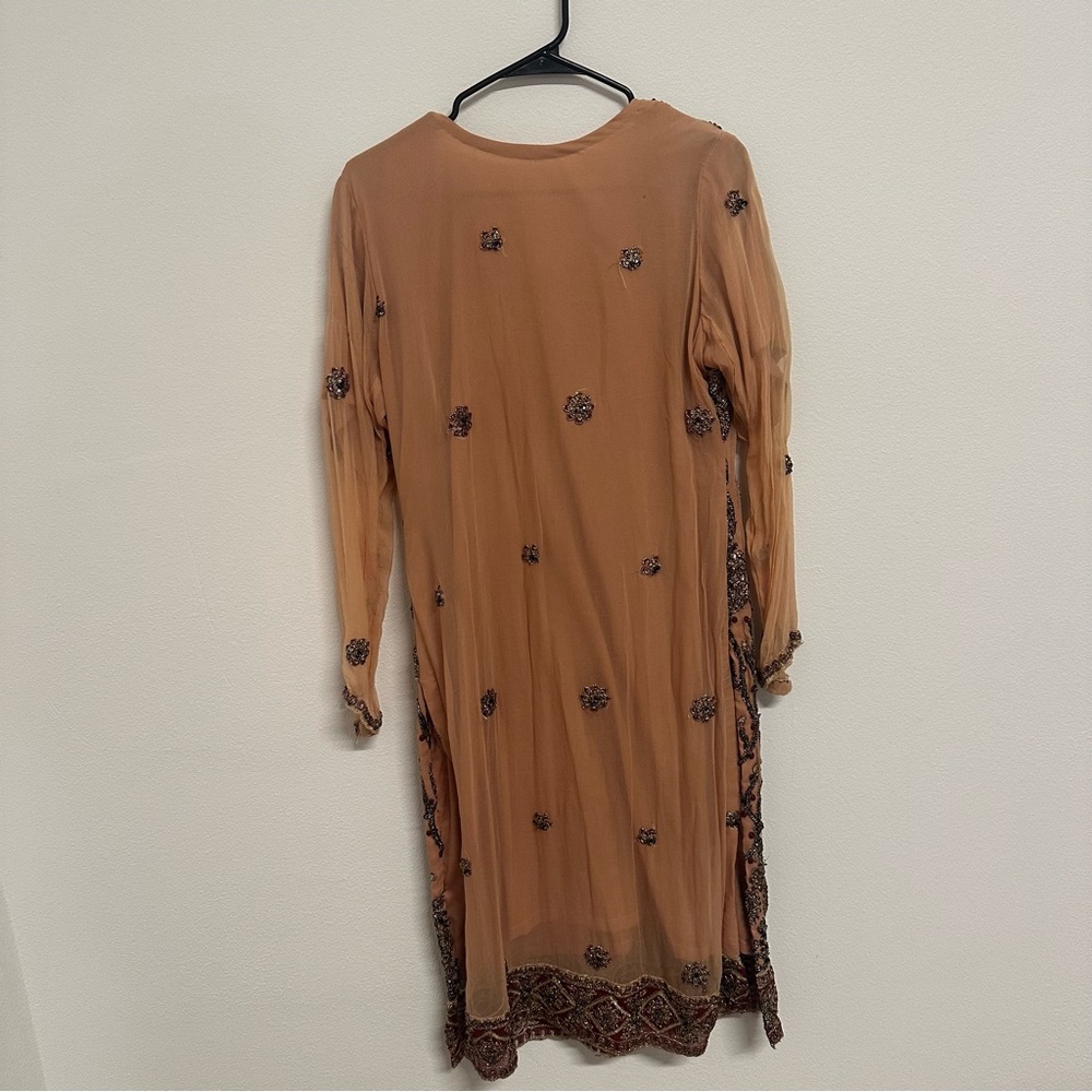 Peach Bronze and Red Embroidered Two-Piece Salwar Kameez | Size Approx. Large - Picture 11 of 12